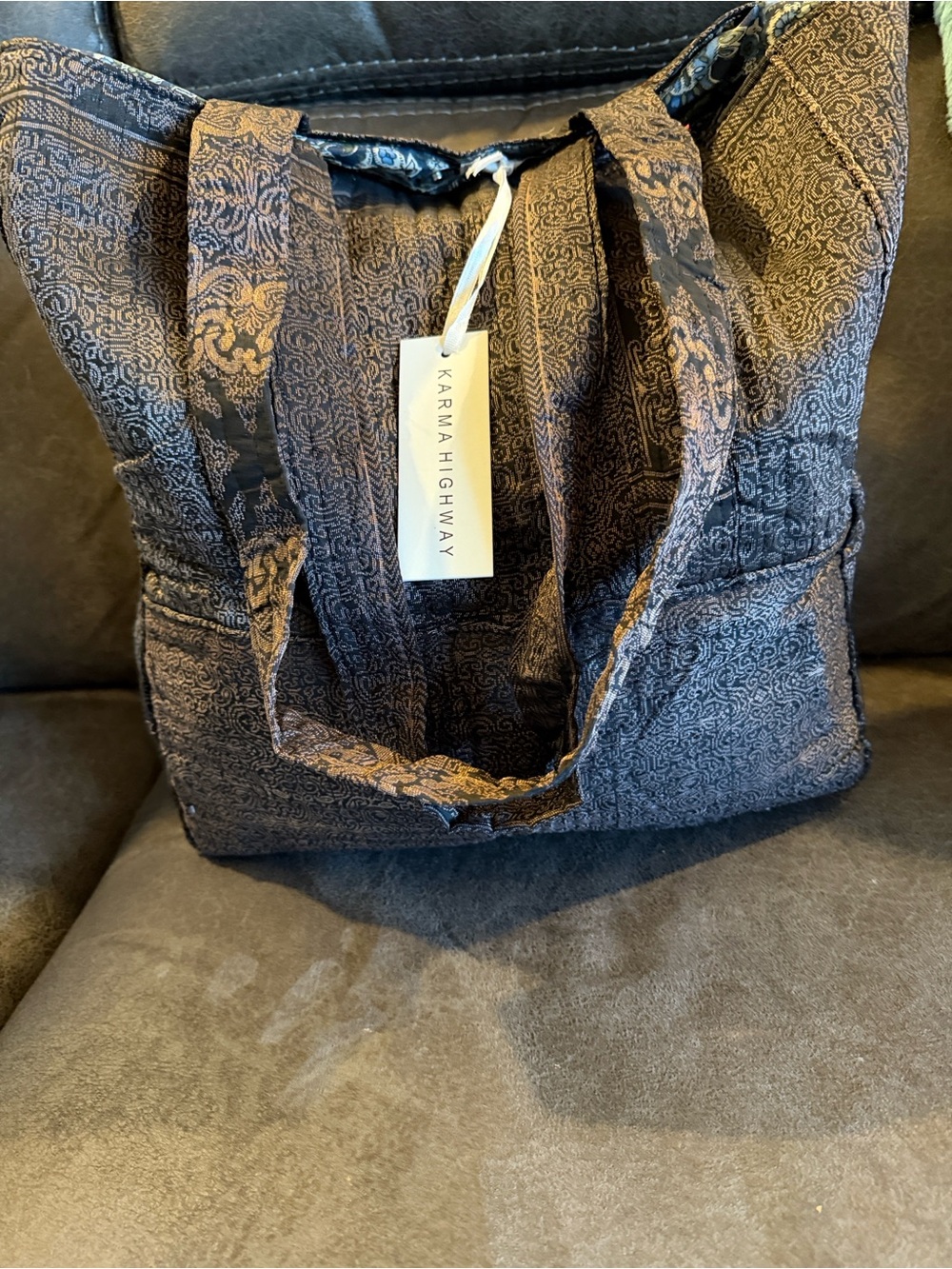 Karma Highway Quilted Paisley-Print Shoulder Tote in Brown/Black